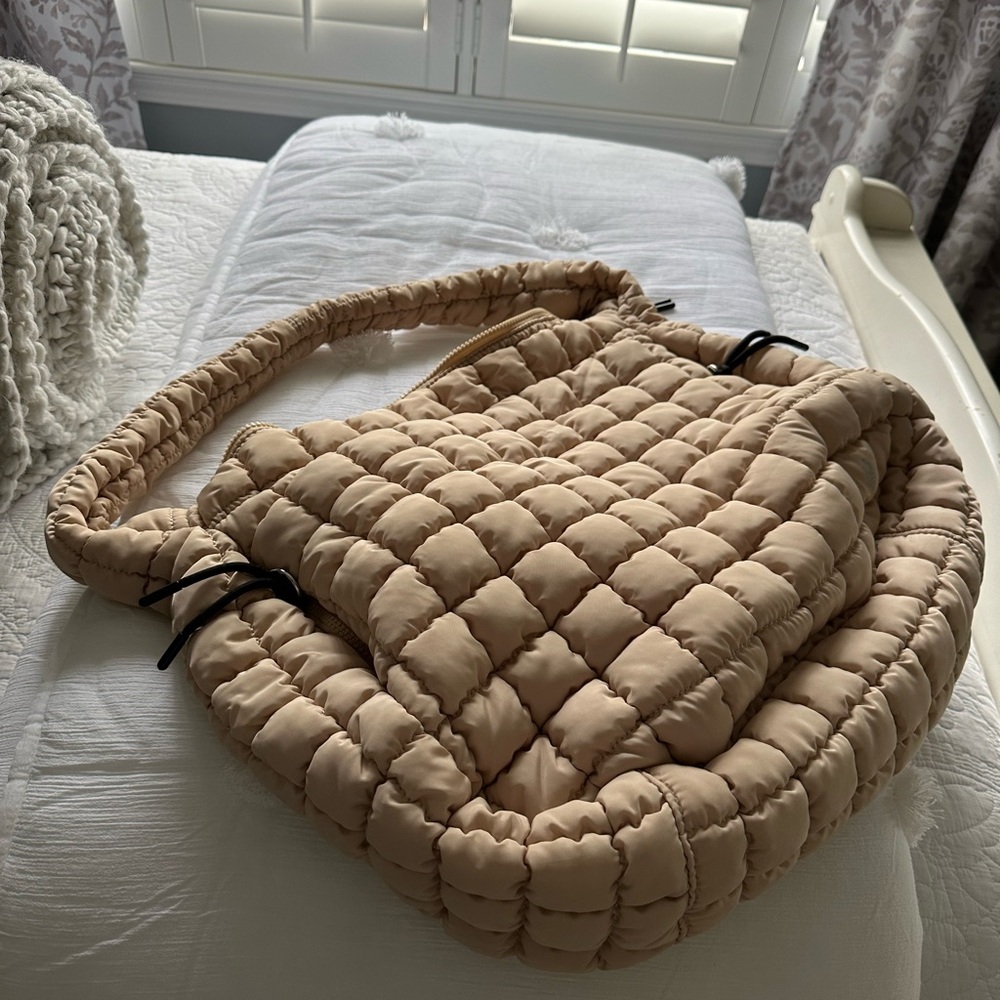 Tan Shoulder Bag with Rounded Shape and Puffed Texture